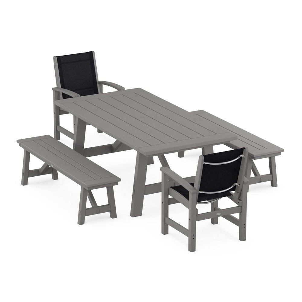 POLYWOOD® - Coastal 5-Piece Rustic Farmhouse Dining Set With Benches - PWS1077