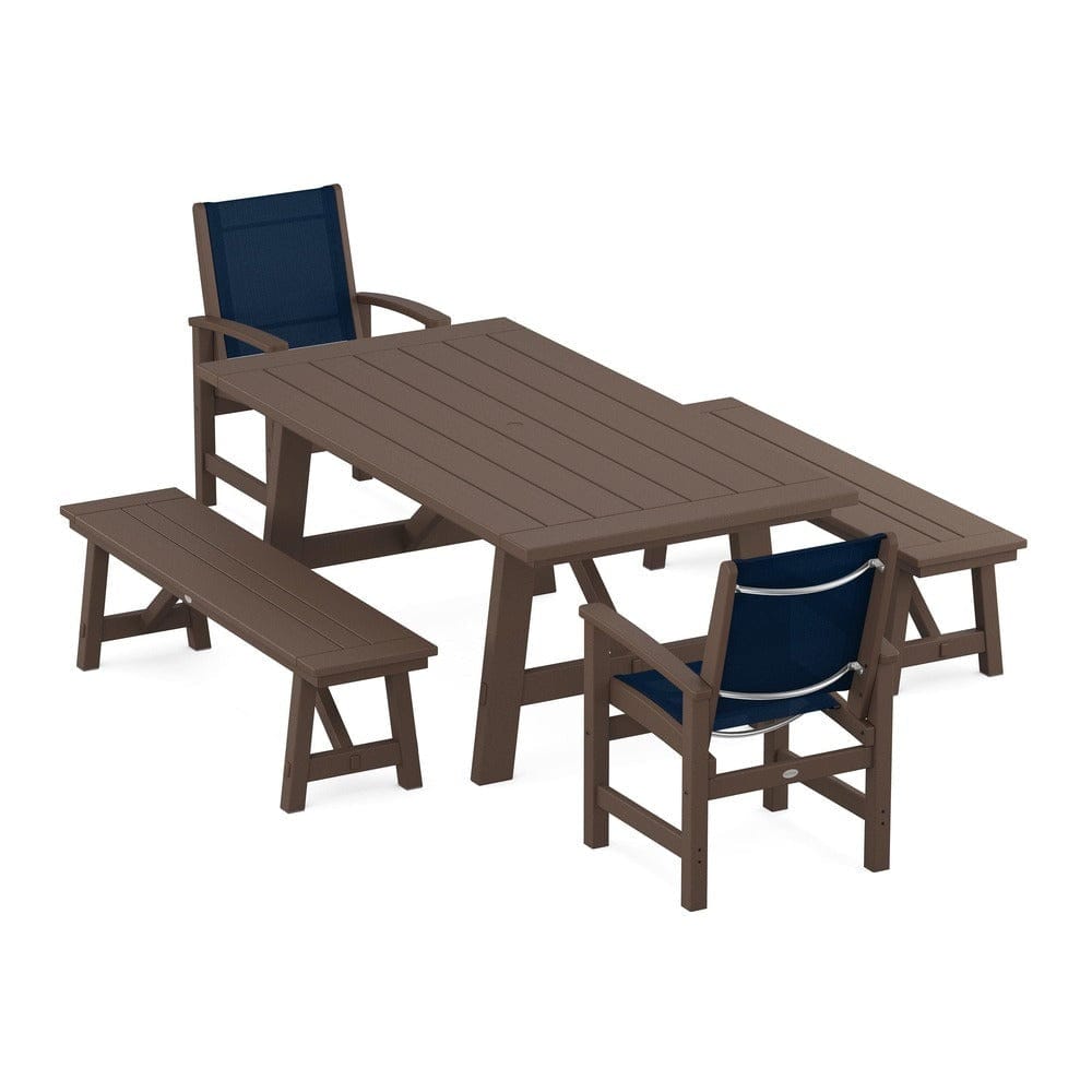 POLYWOOD® - Coastal 5-Piece Rustic Farmhouse Dining Set With Benches - PWS1077