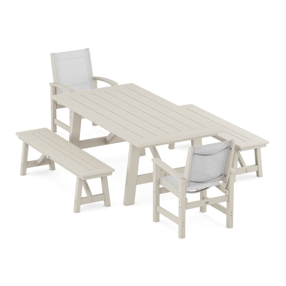 POLYWOOD® - Coastal 5-Piece Rustic Farmhouse Dining Set With Benches - PWS1077