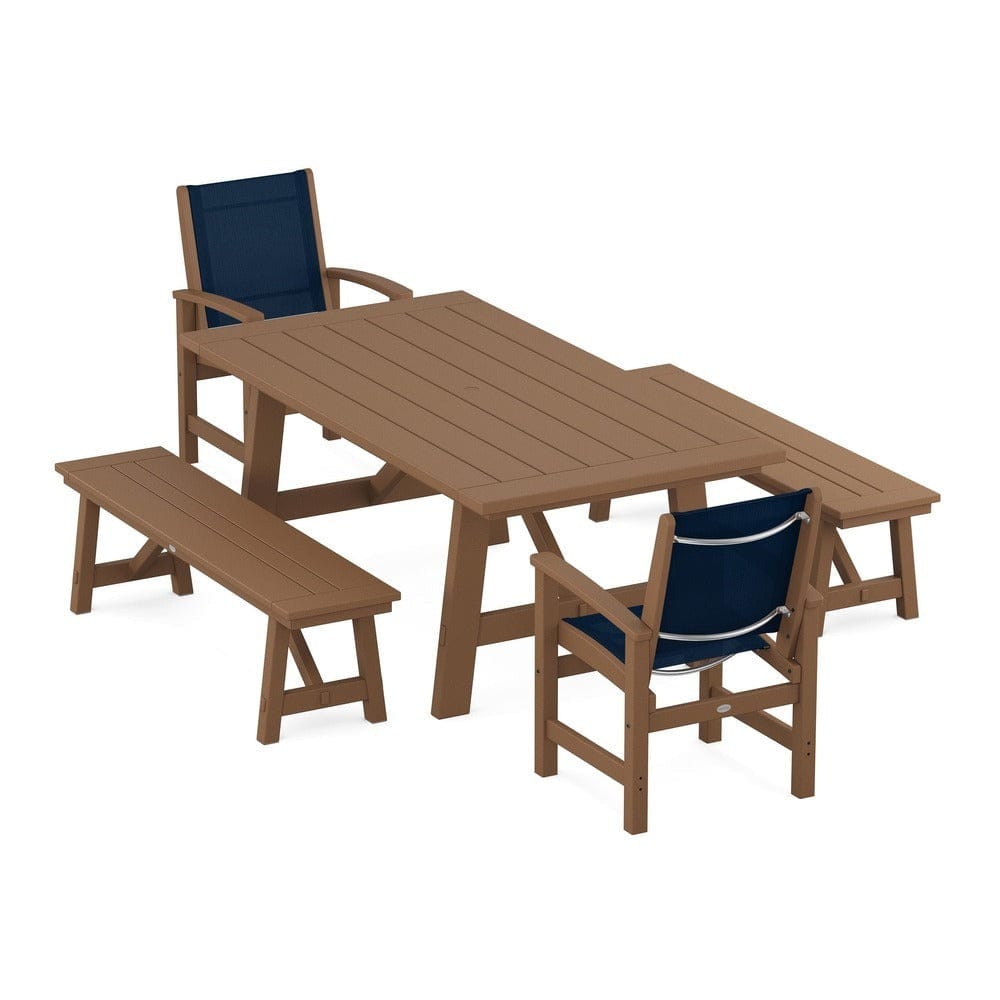 POLYWOOD® - Coastal 5-Piece Rustic Farmhouse Dining Set With Benches - PWS1077 Outdoor Furniture POLYWOOD®