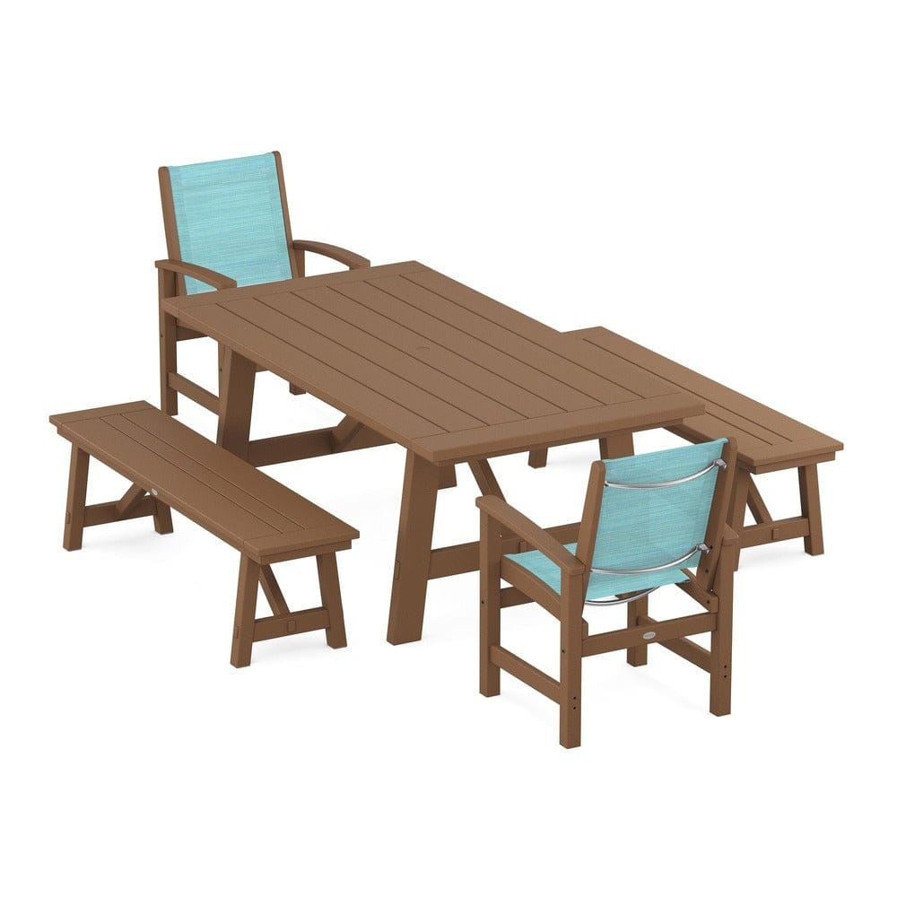 POLYWOOD® - Coastal 5-Piece Rustic Farmhouse Dining Set With Benches - PWS1077