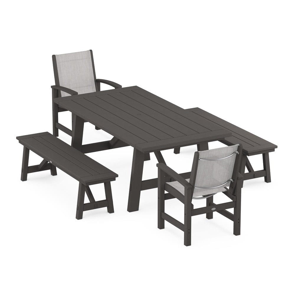 POLYWOOD® - Coastal 5-Piece Rustic Farmhouse Dining Set With Benches - PWS1077