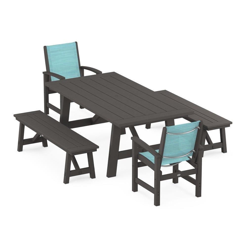 POLYWOOD® - Coastal 5-Piece Rustic Farmhouse Dining Set With Benches - PWS1077 Outdoor Furniture POLYWOOD®