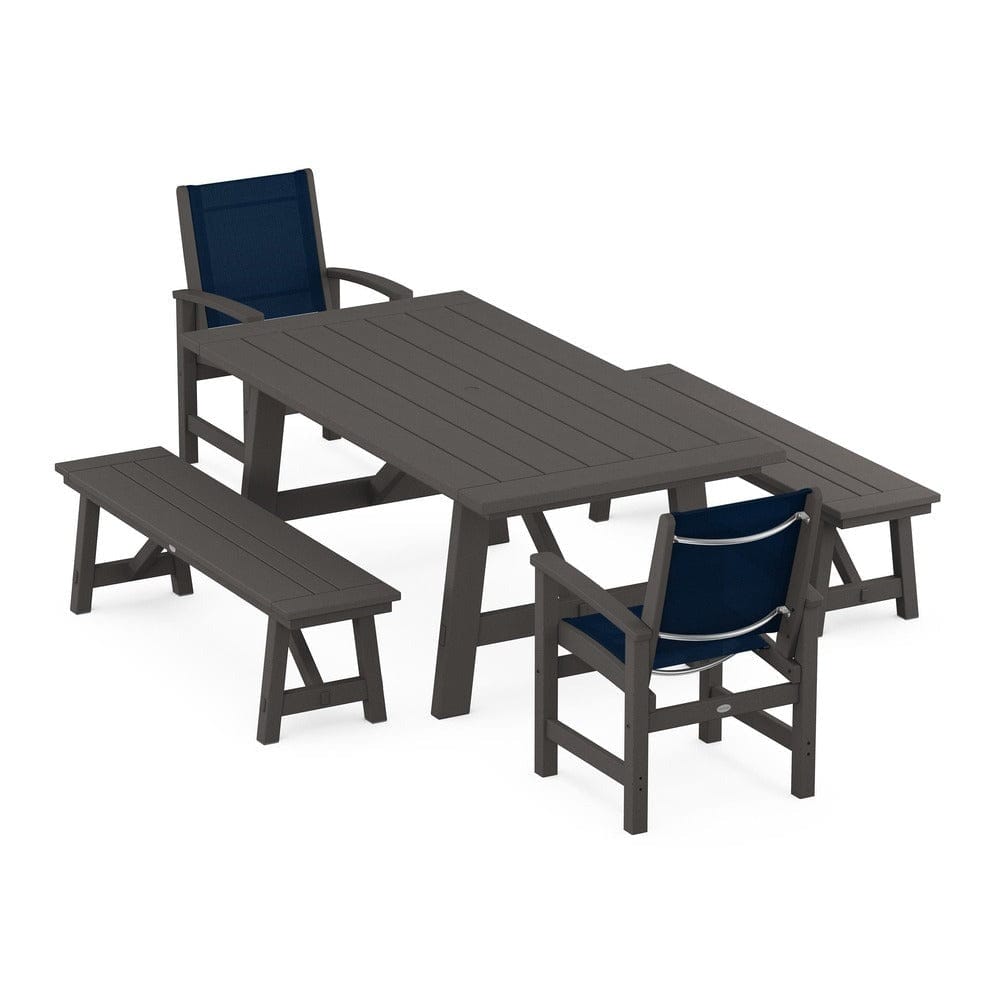 POLYWOOD® - Coastal 5-Piece Rustic Farmhouse Dining Set With Benches - PWS1077 Outdoor Furniture POLYWOOD®