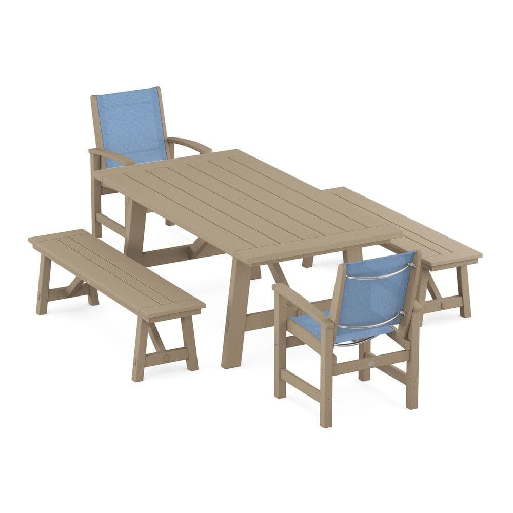 POLYWOOD® - Coastal 5-Piece Rustic Farmhouse Dining Set With Benches - PWS1077