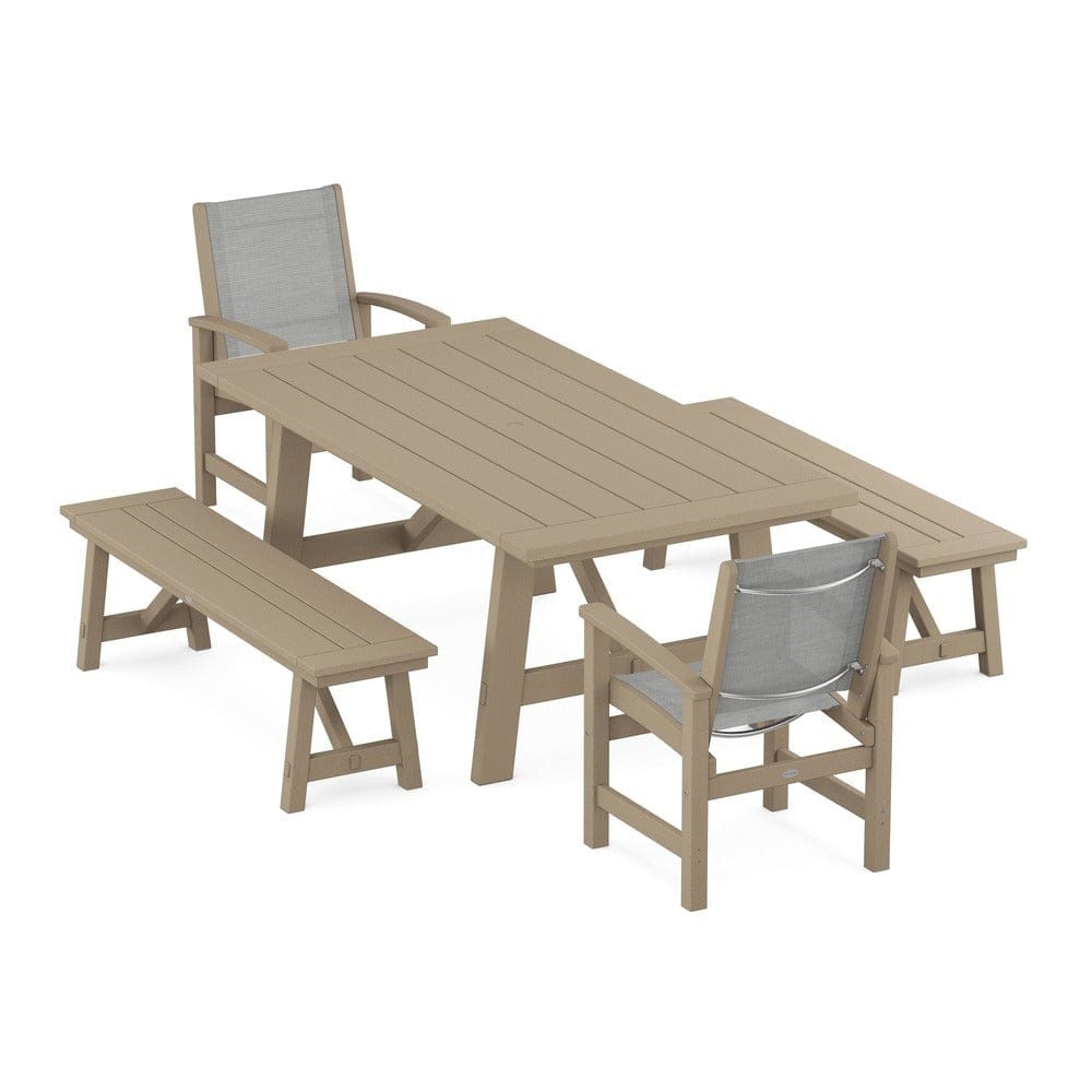 POLYWOOD® - Coastal 5-Piece Rustic Farmhouse Dining Set With Benches - PWS1077 Outdoor Furniture POLYWOOD®