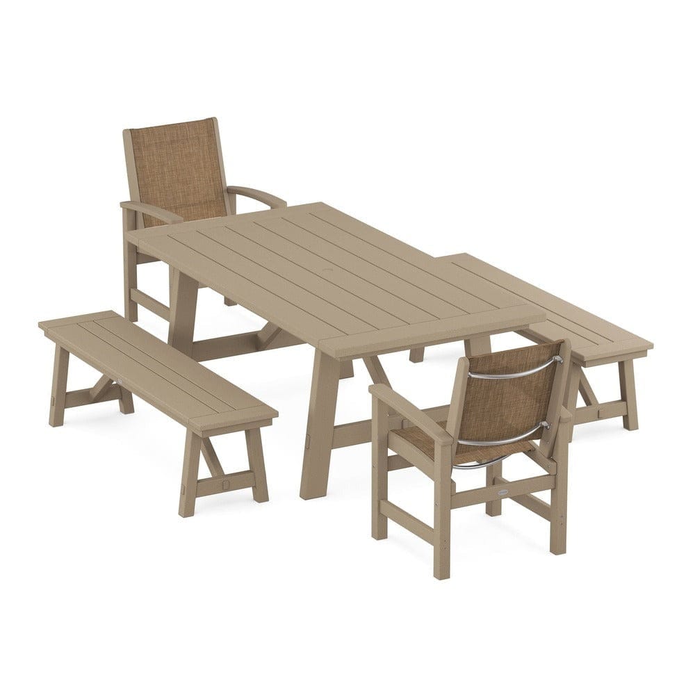 POLYWOOD® - Coastal 5-Piece Rustic Farmhouse Dining Set With Benches - PWS1077 Outdoor Furniture POLYWOOD®