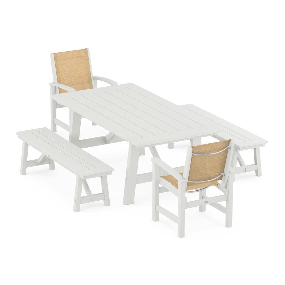 POLYWOOD® - Coastal 5-Piece Rustic Farmhouse Dining Set With Benches - PWS1077