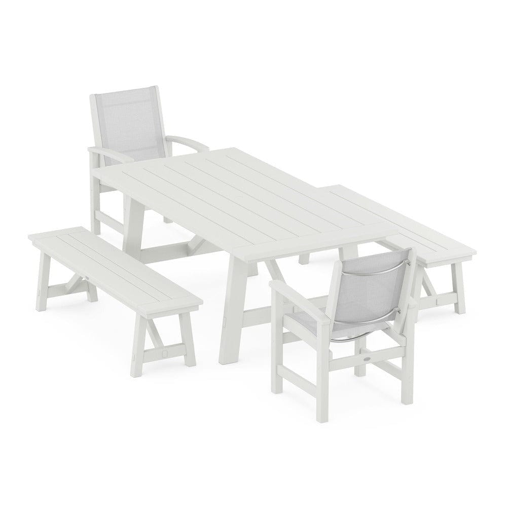 POLYWOOD® - Coastal 5-Piece Rustic Farmhouse Dining Set With Benches - PWS1077