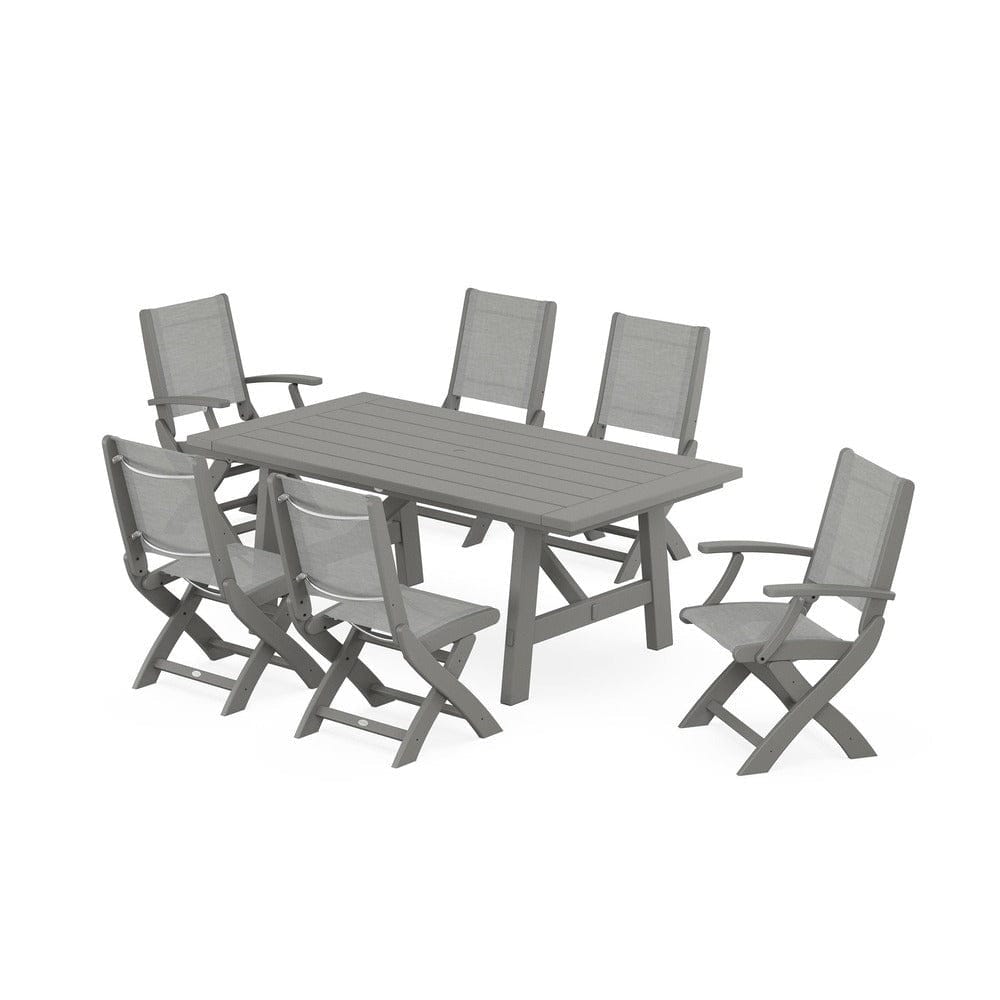 POLYWOOD® - Coastal Folding Chair 7-Piece Rustic Farmhouse Dining Set - PWS1078 Outdoor Furniture POLYWOOD®