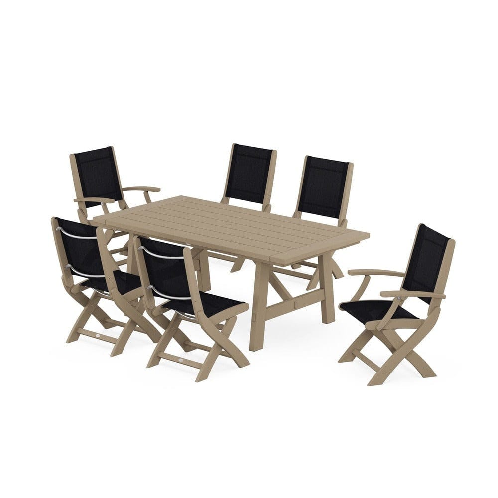 POLYWOOD® - Coastal Folding Chair 7-Piece Rustic Farmhouse Dining Set - PWS1078