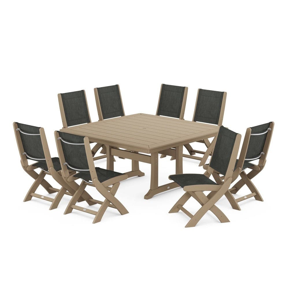 POLYWOOD® - Coastal Folding Side Chair 9-Piece Dining Set with Trestle Legs - PWS1113