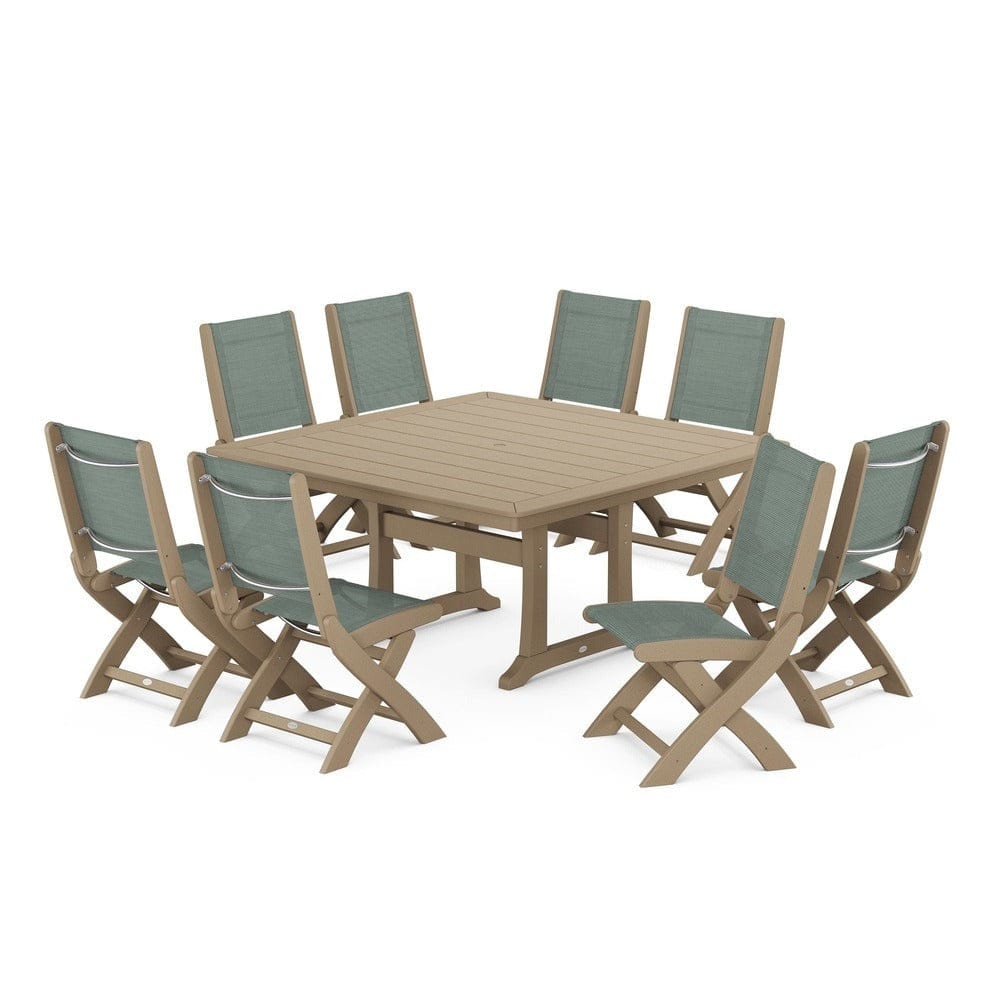 POLYWOOD® - Coastal Folding Side Chair 9-Piece Dining Set with Trestle Legs - PWS1113