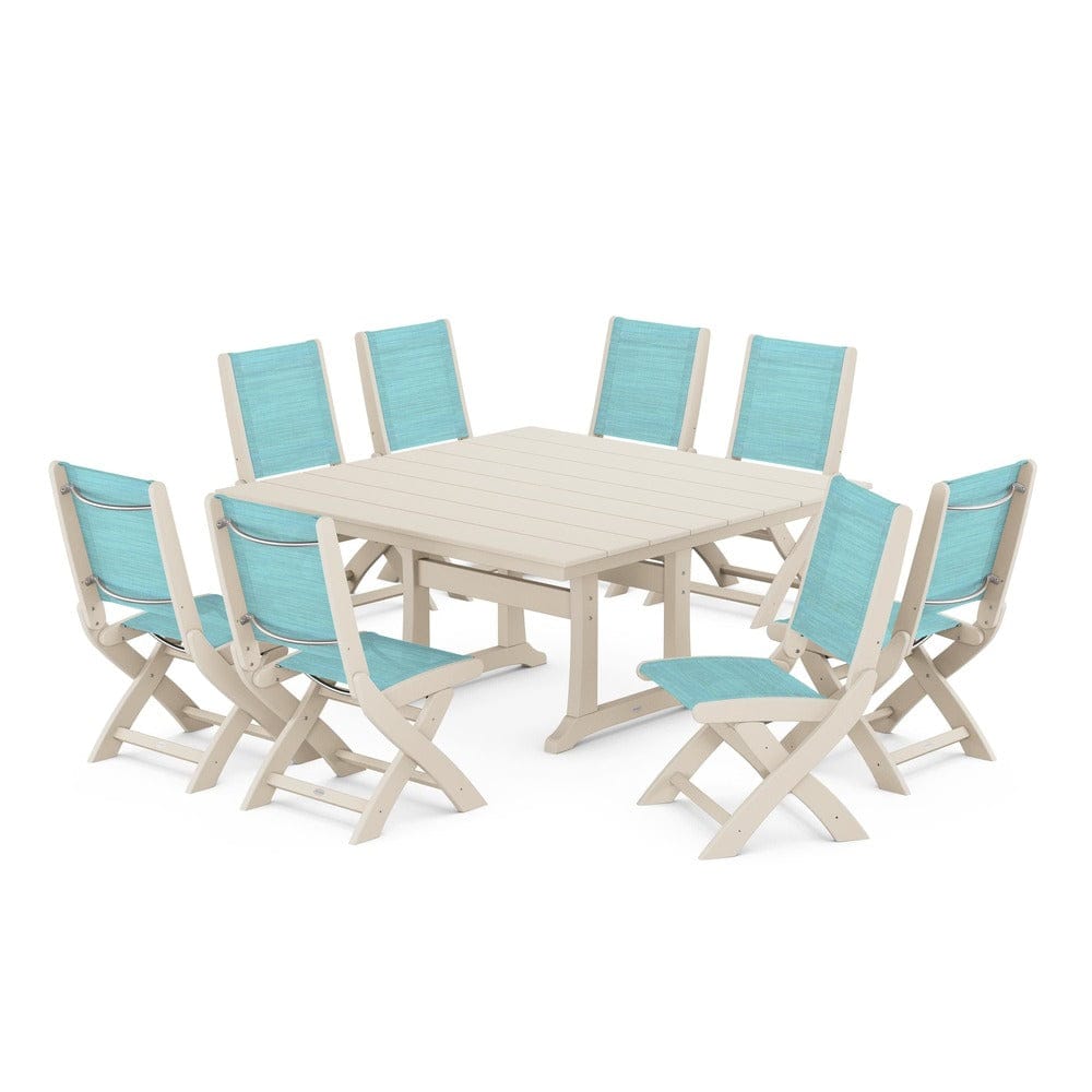 POLYWOOD® - Coastal Folding Side Chair 9-Piece Farmhouse Dining Set - PWS1287