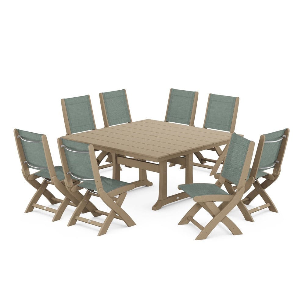 POLYWOOD® - Coastal Folding Side Chair 9-Piece Farmhouse Dining Set - PWS1287