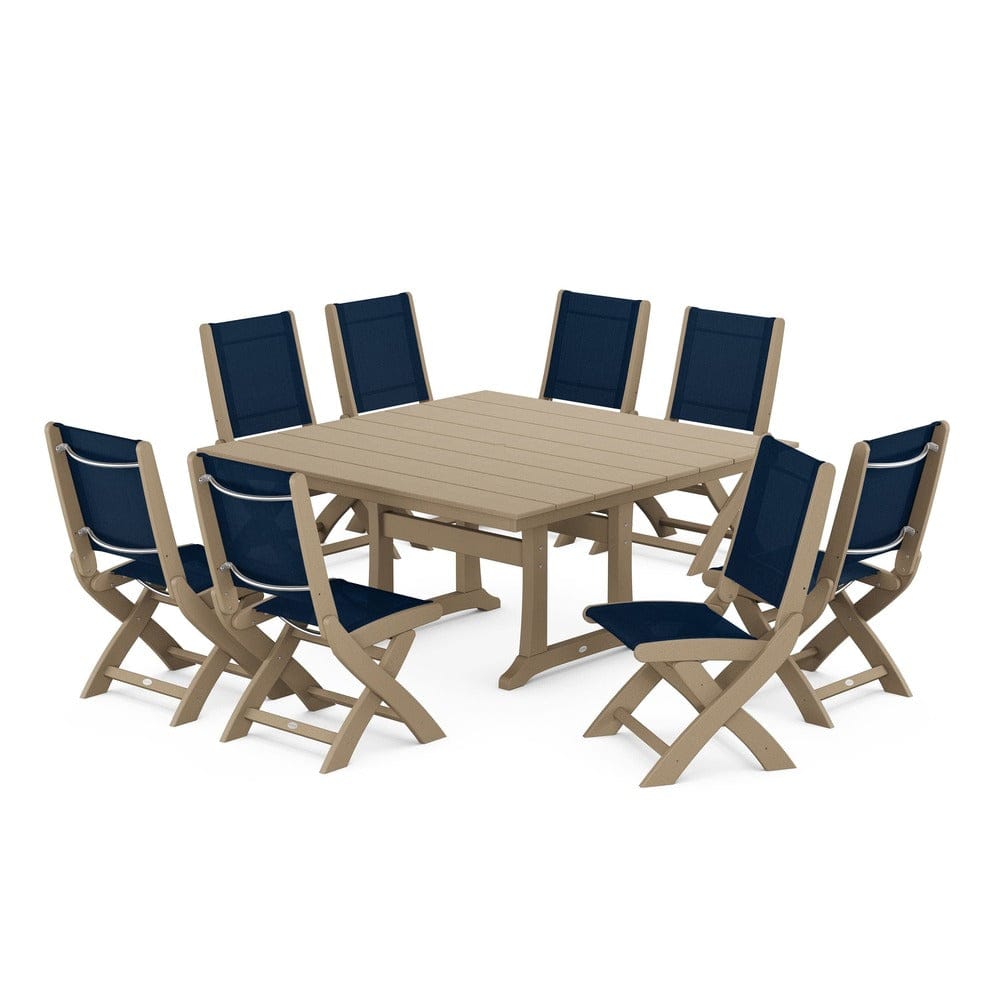 POLYWOOD® - Coastal Folding Side Chair 9-Piece Farmhouse Dining Set - PWS1287 Outdoor Furniture POLYWOOD®