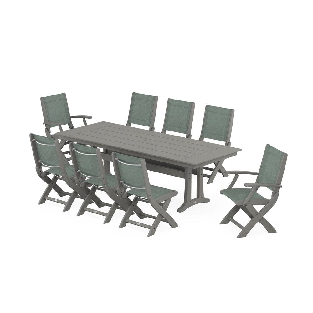POLYWOOD® - Coastal 9-Piece Folding Dining Chair Farmhouse Dining Set with Trestle Legs - PWS1447