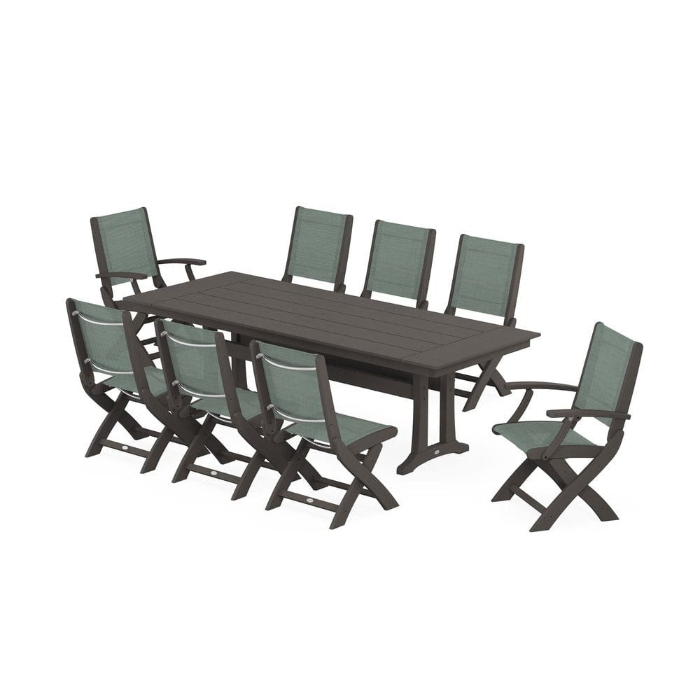 POLYWOOD® - Coastal 9-Piece Folding Dining Chair Farmhouse Dining Set with Trestle Legs - PWS1447