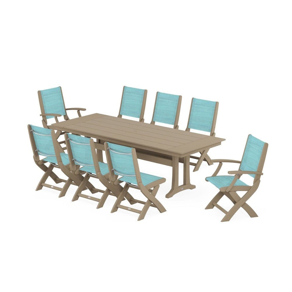 POLYWOOD® - Coastal 9-Piece Folding Dining Chair Farmhouse Dining Set with Trestle Legs - PWS1447