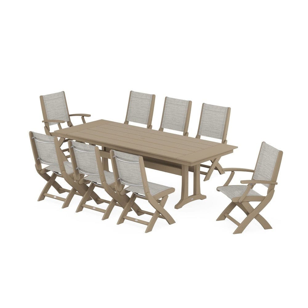 POLYWOOD® - Coastal 9-Piece Folding Dining Chair Farmhouse Dining Set with Trestle Legs - PWS1447