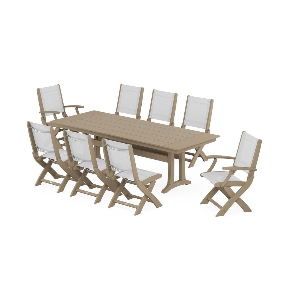 POLYWOOD® - Coastal 9-Piece Folding Dining Chair Farmhouse Dining Set with Trestle Legs - PWS1447