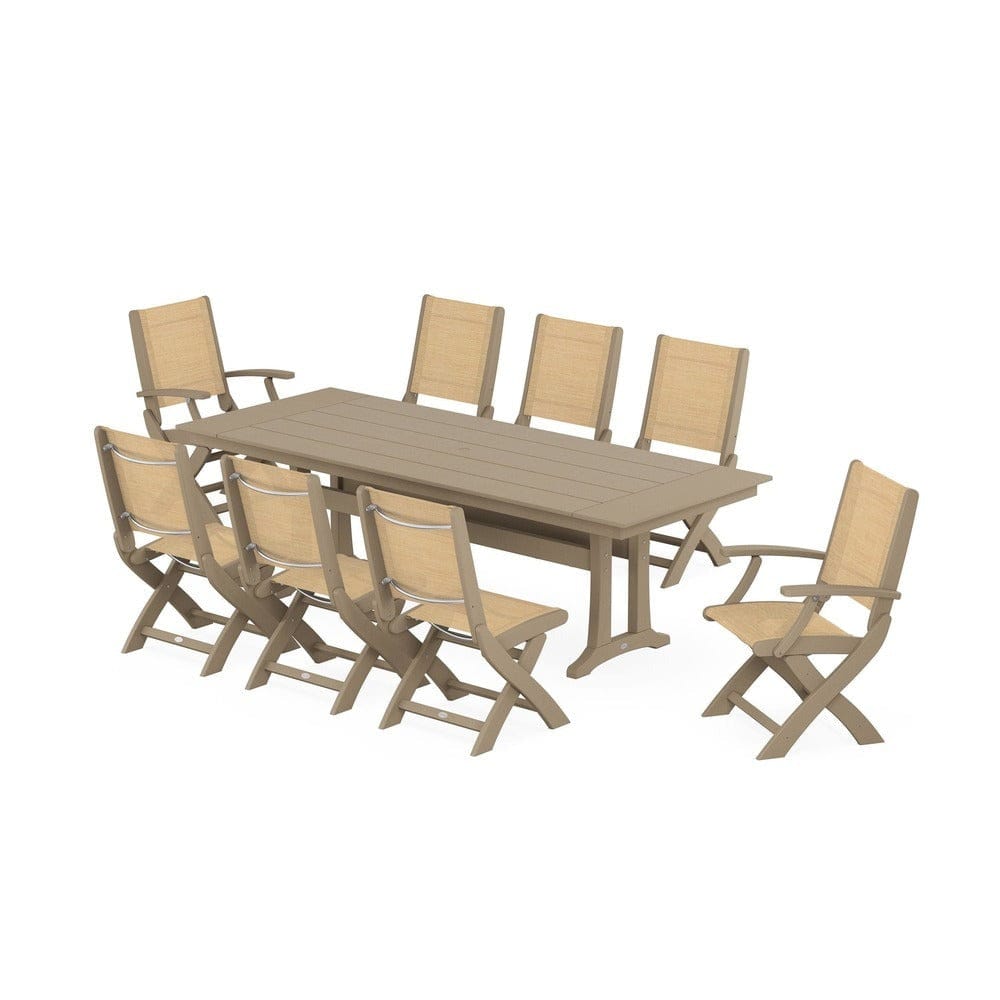 POLYWOOD® - Coastal 9-Piece Folding Dining Chair Farmhouse Dining Set with Trestle Legs - PWS1447