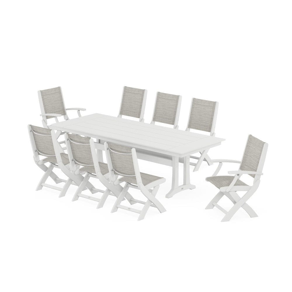 POLYWOOD® - Coastal 9-Piece Folding Dining Chair Farmhouse Dining Set with Trestle Legs - PWS1447 Outdoor Furniture POLYWOOD®