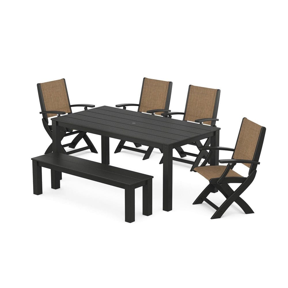 POLYWOOD® - Coastal Folding Chair 6-Piece Parsons Dining Set with Bench - PWS2272 Outdoor Furniture POLYWOOD®