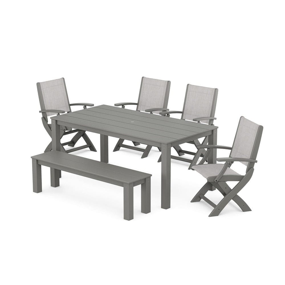 POLYWOOD® - Coastal Folding Chair 6-Piece Parsons Dining Set with Bench - PWS2272 Outdoor Furniture POLYWOOD®