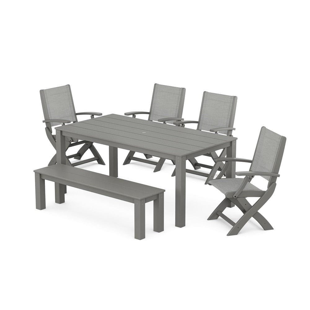POLYWOOD® - Coastal Folding Chair 6-Piece Parsons Dining Set with Bench - PWS2272 Outdoor Furniture POLYWOOD®