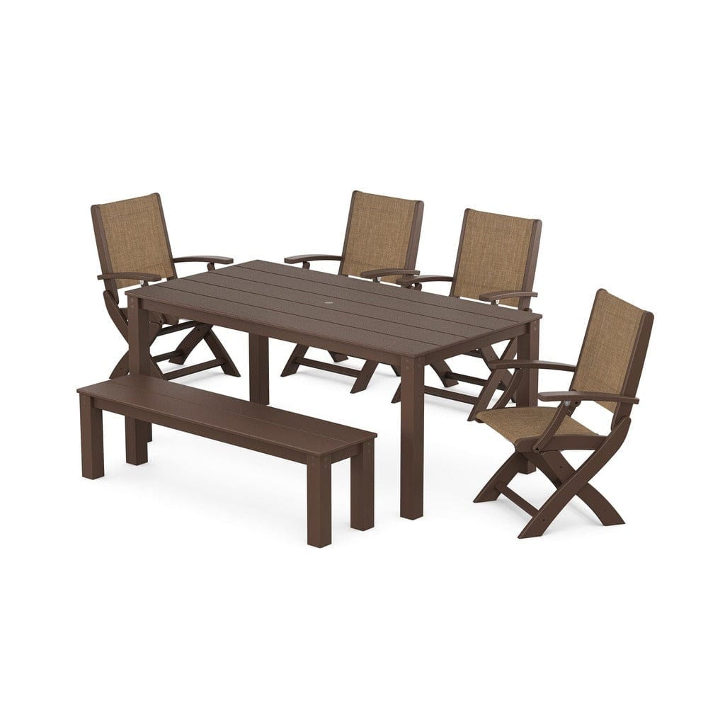 POLYWOOD® - Coastal Folding Chair 6-Piece Parsons Dining Set with Bench - PWS2272 Outdoor Furniture POLYWOOD®