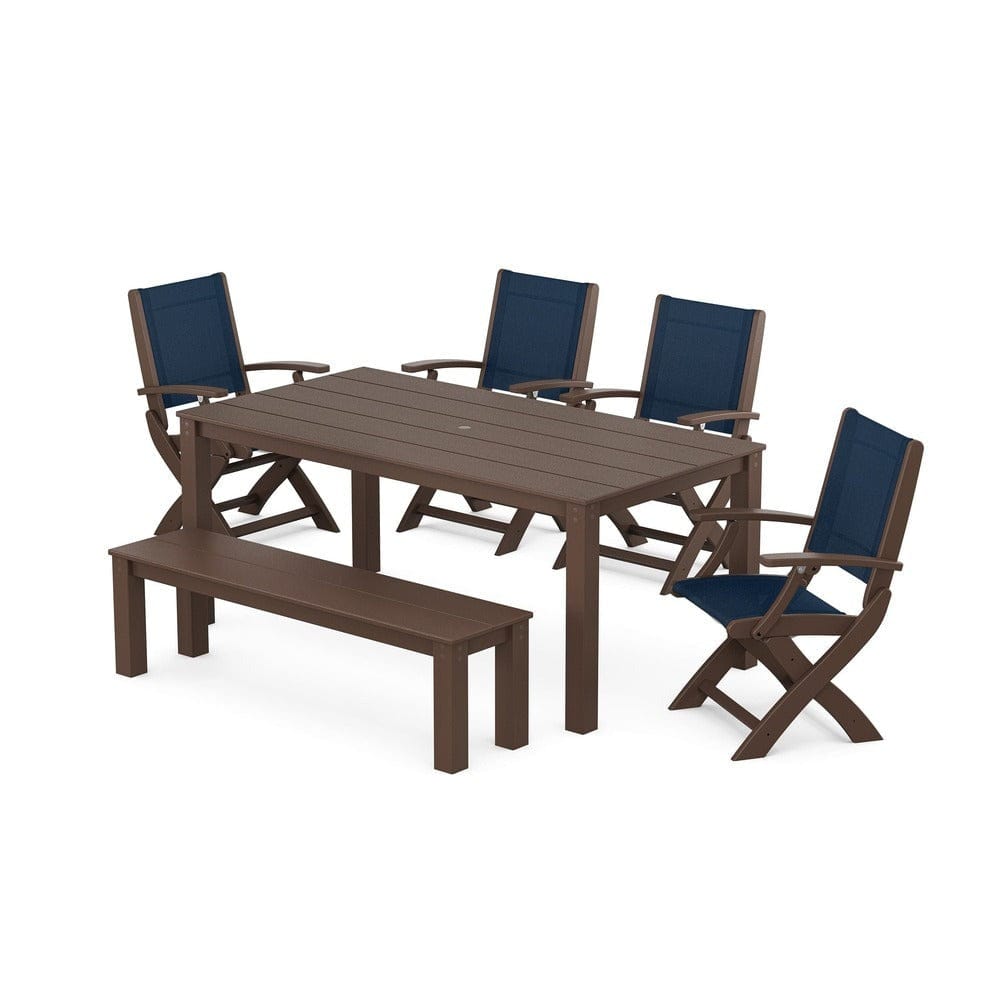 POLYWOOD® - Coastal Folding Chair 6-Piece Parsons Dining Set with Bench - PWS2272 Outdoor Furniture POLYWOOD®