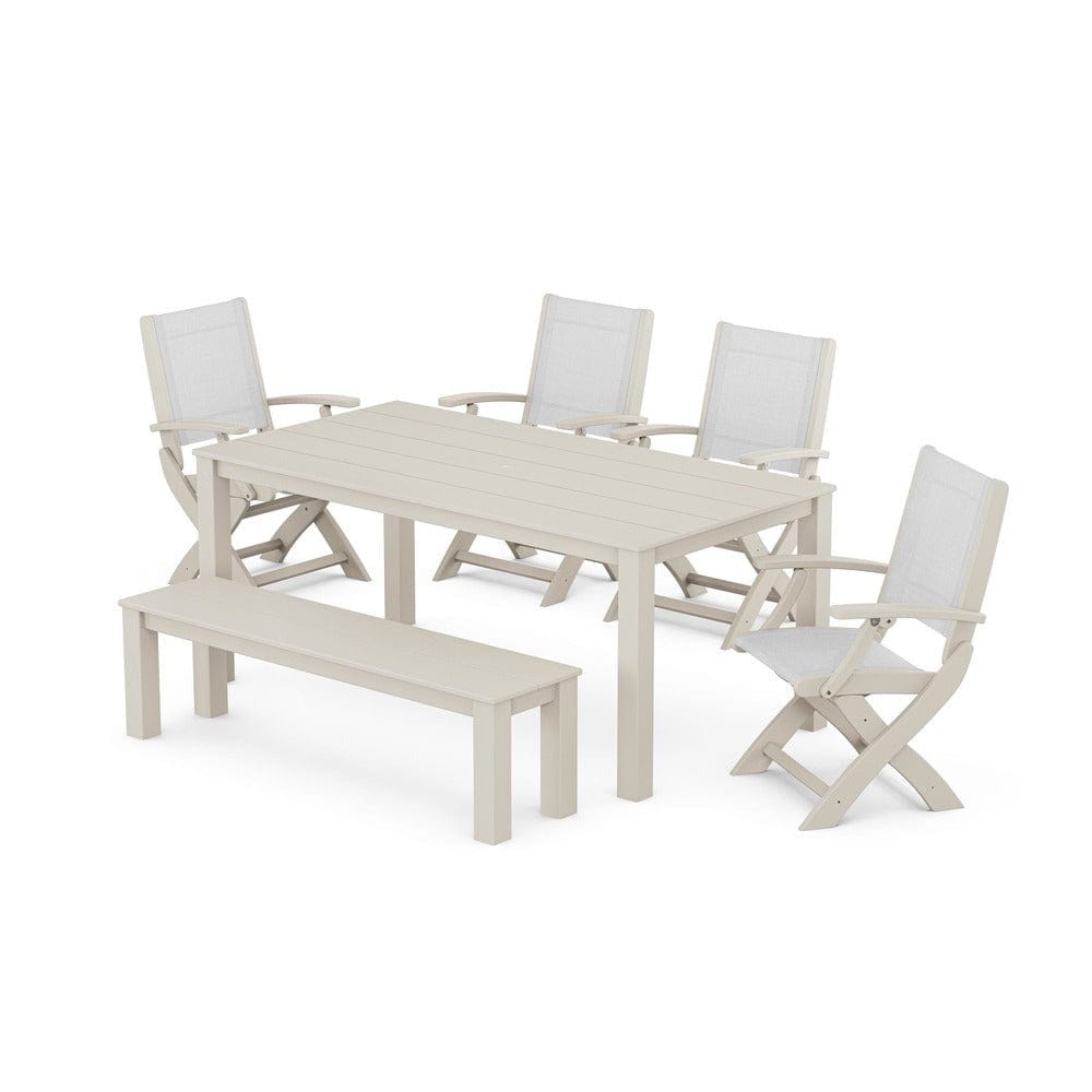 POLYWOOD® - Coastal Folding Chair 6-Piece Parsons Dining Set with Bench - PWS2272 Outdoor Furniture POLYWOOD®