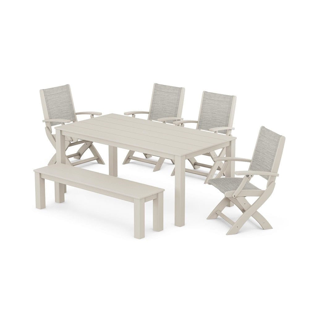POLYWOOD® - Coastal Folding Chair 6-Piece Parsons Dining Set with Bench - PWS2272 Outdoor Furniture POLYWOOD®