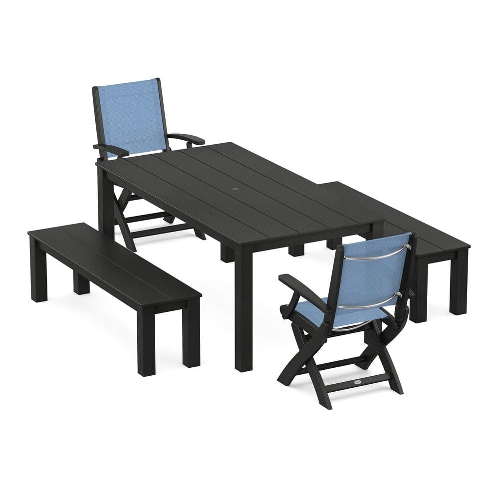 POLYWOOD® - Coastal Folding Chair 5-Piece Parsons Dining Set with Benches - PWS2273 Outdoor Furniture POLYWOOD®