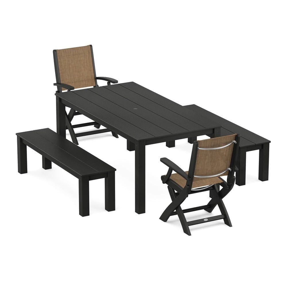 POLYWOOD® - Coastal Folding Chair 5-Piece Parsons Dining Set with Benches - PWS2273