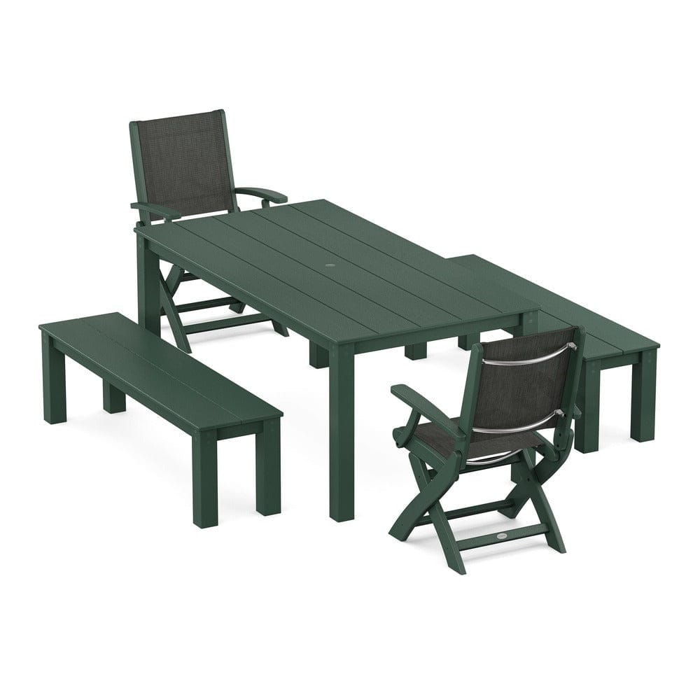 POLYWOOD® - Coastal Folding Chair 5-Piece Parsons Dining Set with Benches - PWS2273