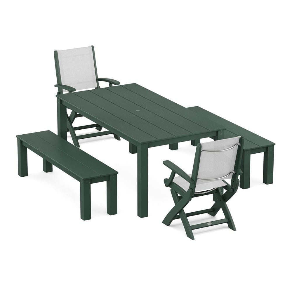 POLYWOOD® - Coastal Folding Chair 5-Piece Parsons Dining Set with Benches - PWS2273 Outdoor Furniture POLYWOOD®