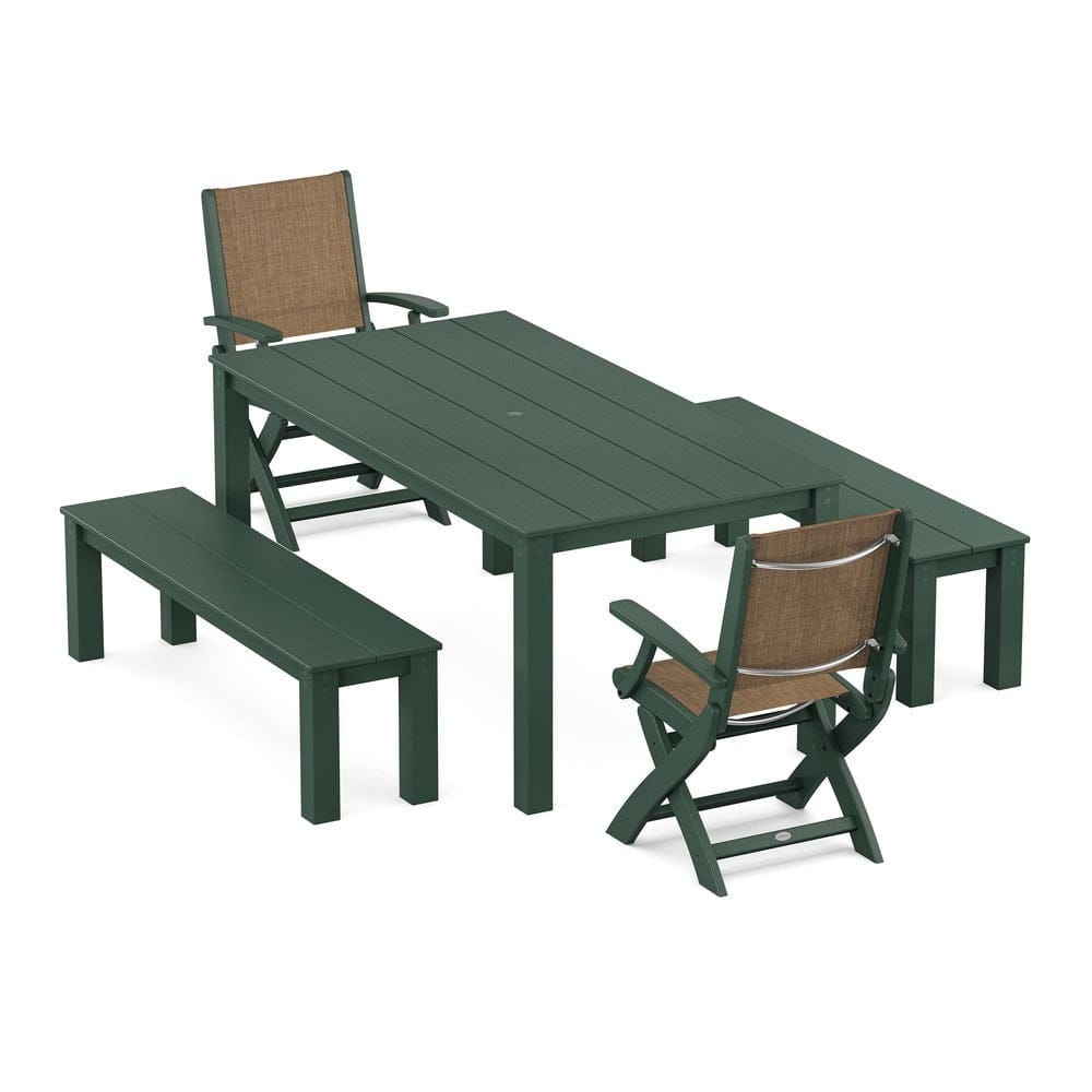 POLYWOOD® - Coastal Folding Chair 5-Piece Parsons Dining Set with Benches - PWS2273