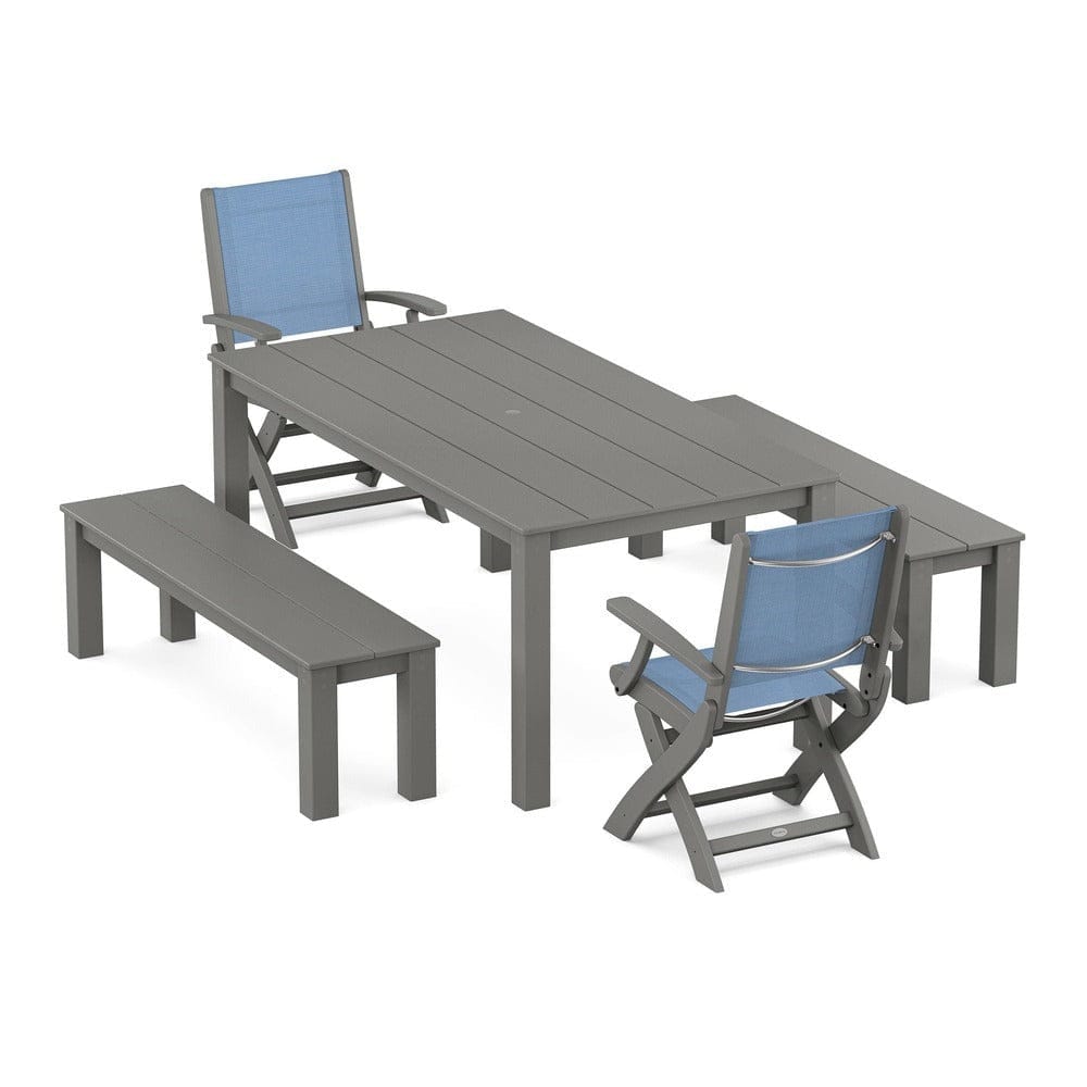 POLYWOOD® - Coastal Folding Chair 5-Piece Parsons Dining Set with Benches - PWS2273