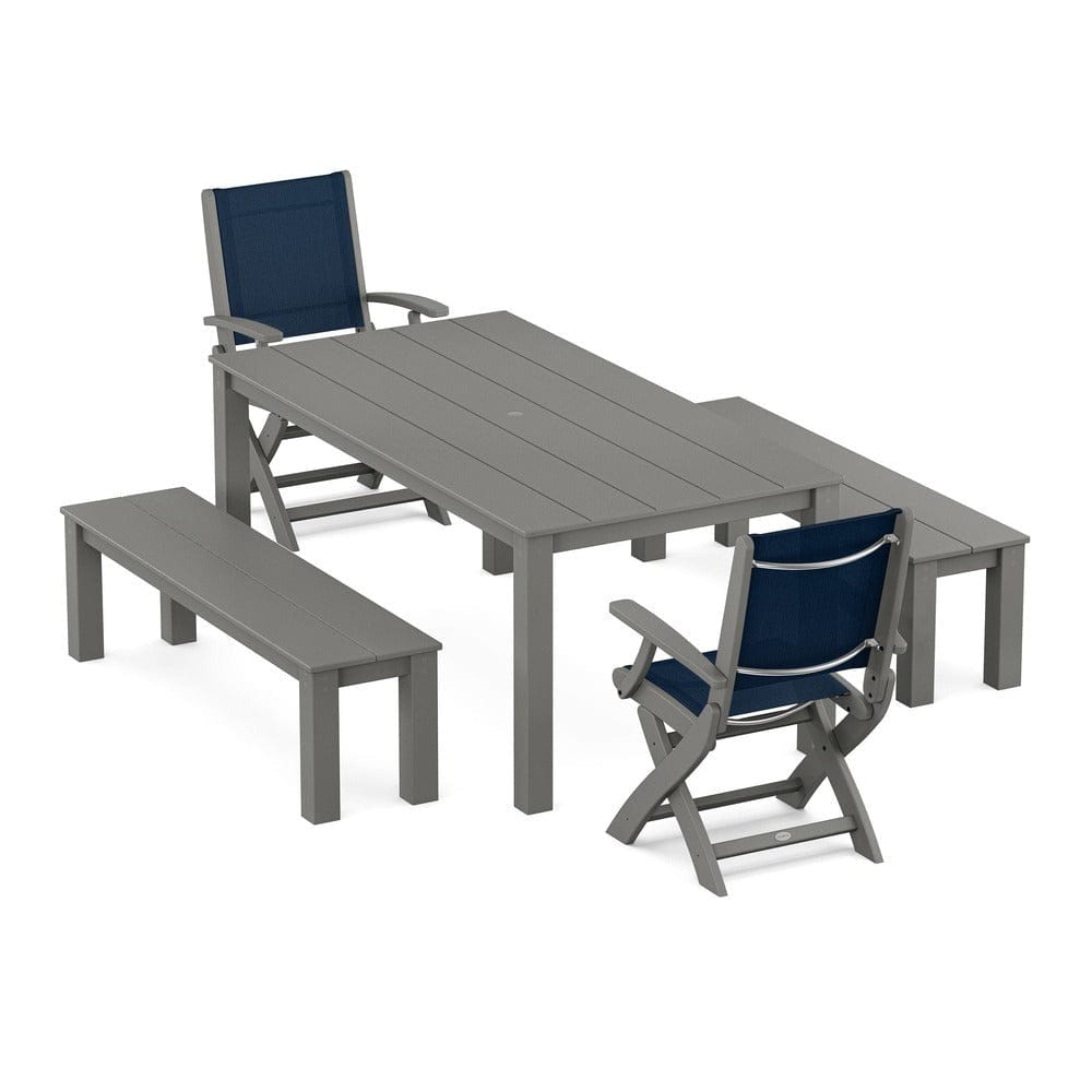 POLYWOOD® - Coastal Folding Chair 5-Piece Parsons Dining Set with Benches - PWS2273