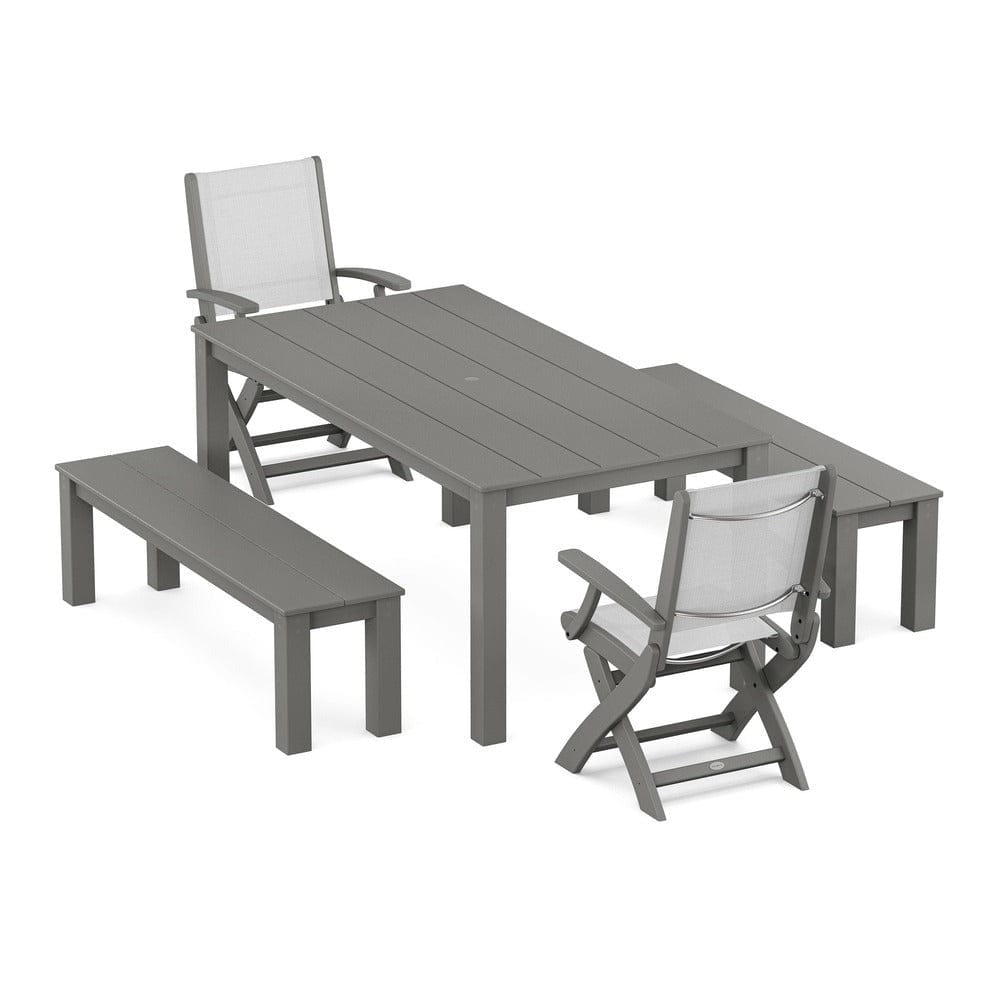 POLYWOOD® - Coastal Folding Chair 5-Piece Parsons Dining Set with Benches - PWS2273