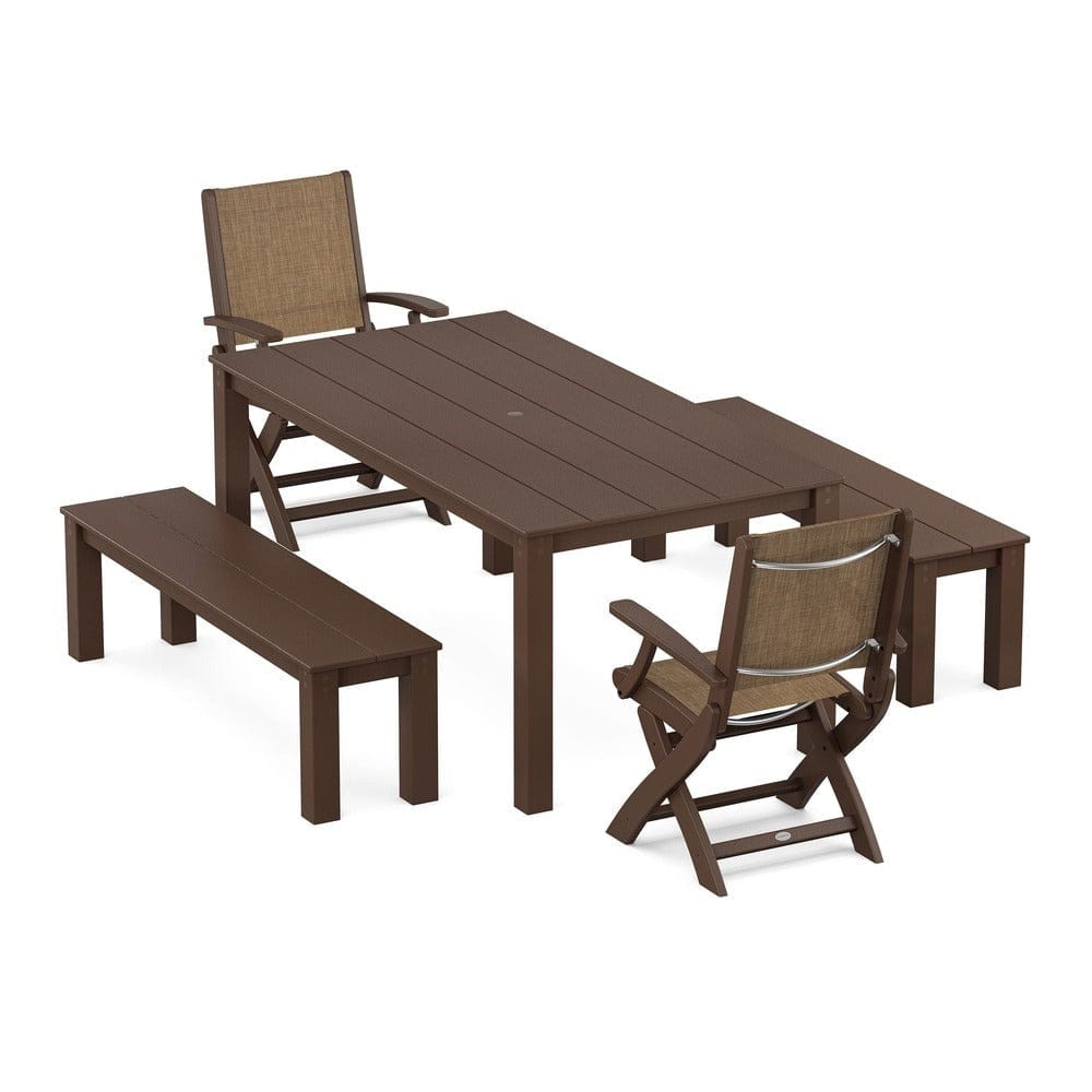 POLYWOOD® - Coastal Folding Chair 5-Piece Parsons Dining Set with Benches - PWS2273 Outdoor Furniture POLYWOOD®