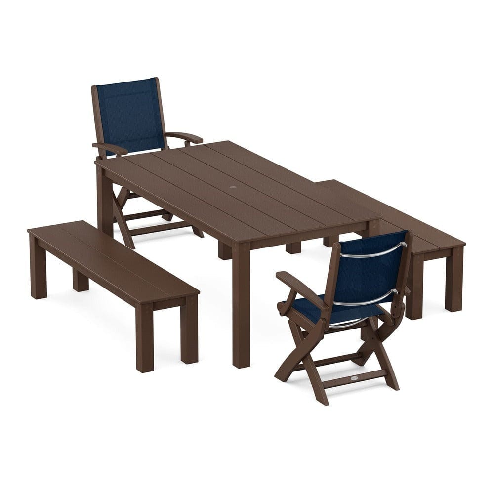 POLYWOOD® - Coastal Folding Chair 5-Piece Parsons Dining Set with Benches - PWS2273