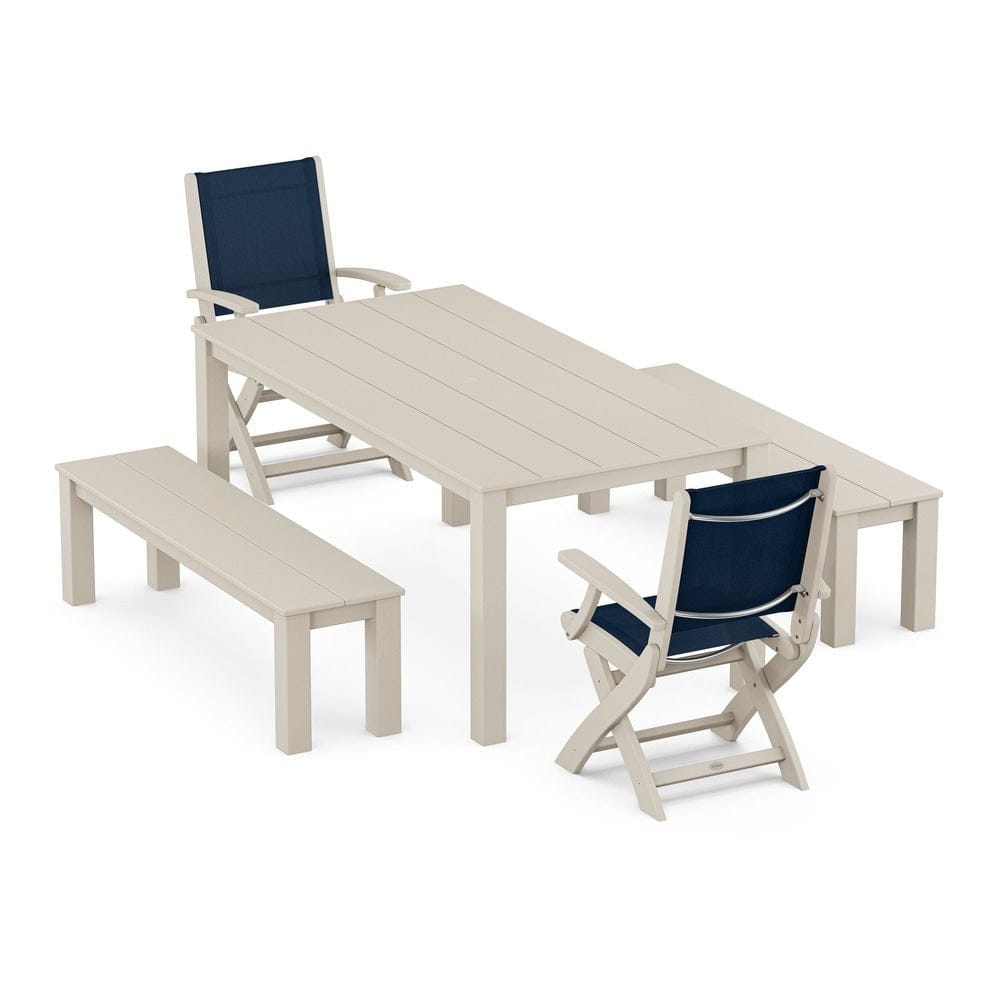 POLYWOOD® - Coastal Folding Chair 5-Piece Parsons Dining Set with Benches - PWS2273