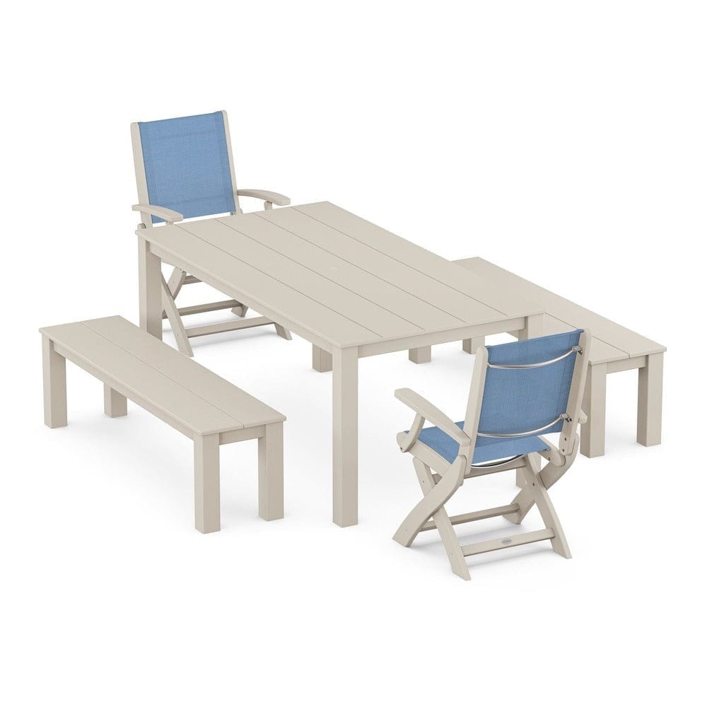 POLYWOOD® - Coastal Folding Chair 5-Piece Parsons Dining Set with Benches - PWS2273