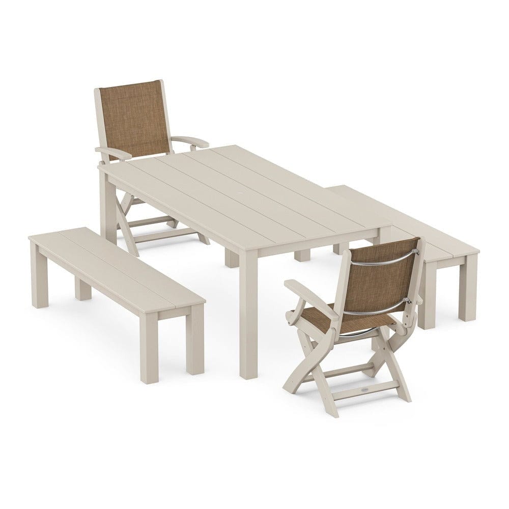 POLYWOOD® - Coastal Folding Chair 5-Piece Parsons Dining Set with Benches - PWS2273 Outdoor Furniture POLYWOOD®