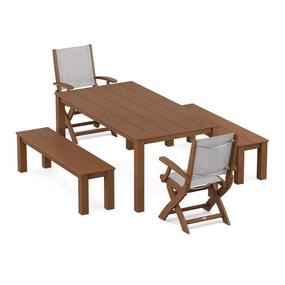POLYWOOD® - Coastal Folding Chair 5-Piece Parsons Dining Set with Benches - PWS2273 Outdoor Furniture POLYWOOD®