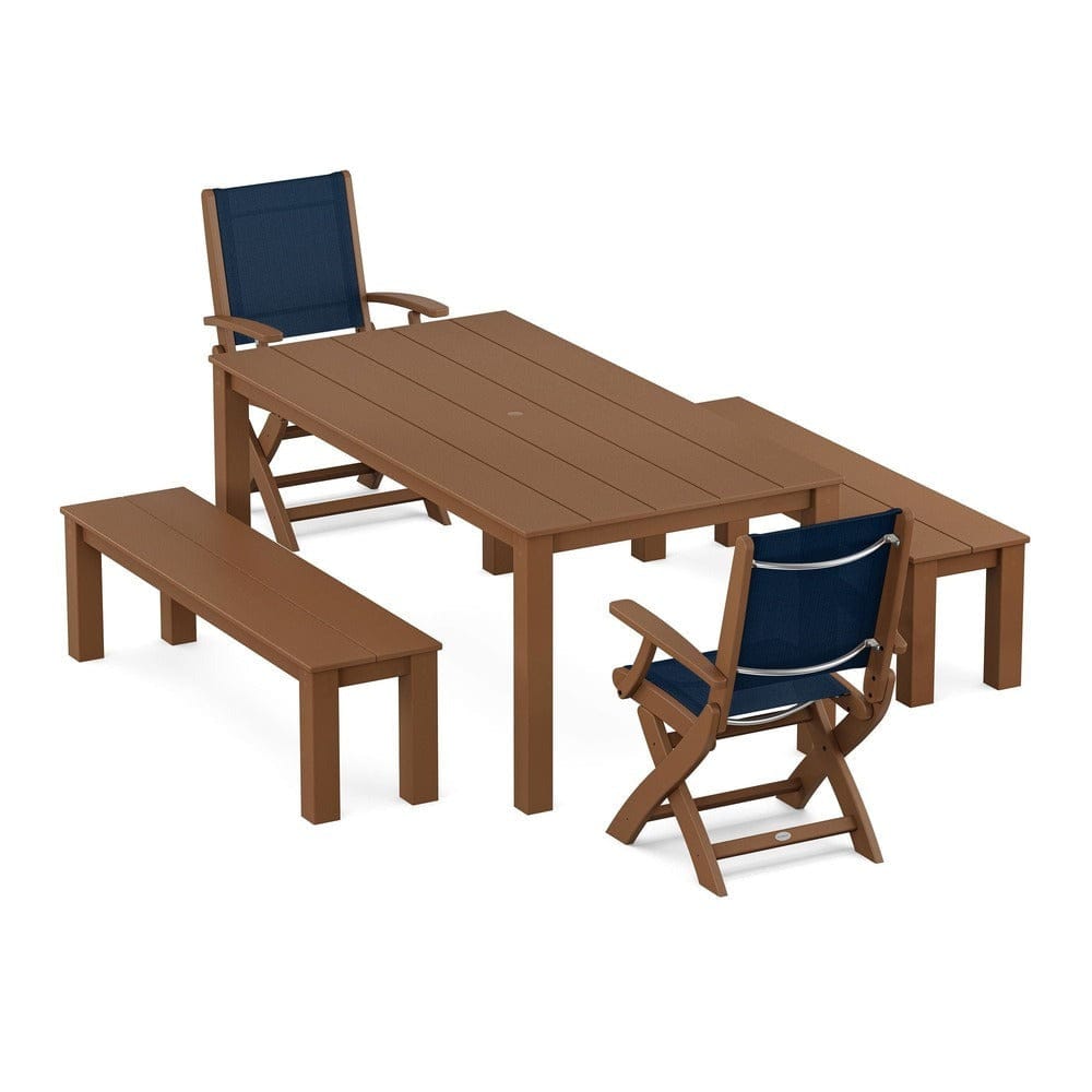 POLYWOOD® - Coastal Folding Chair 5-Piece Parsons Dining Set with Benches - PWS2273