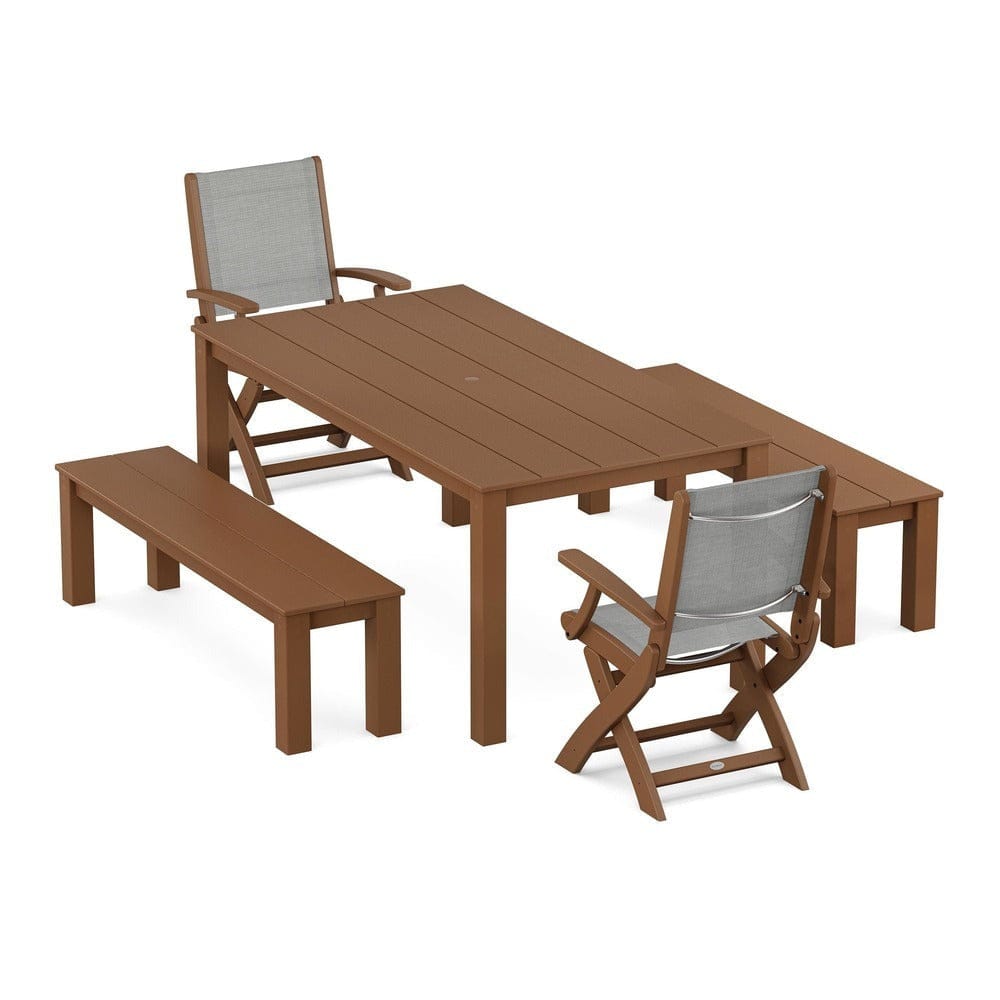 POLYWOOD® - Coastal Folding Chair 5-Piece Parsons Dining Set with Benches - PWS2273